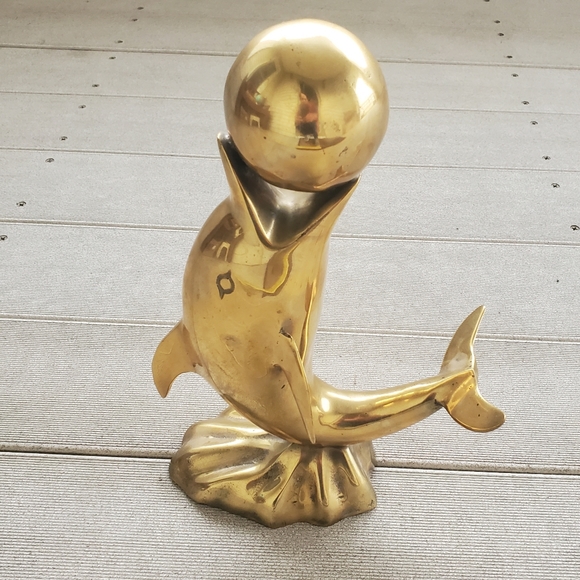 Vintage Large Brass Dolphin Sculpture With Ball.